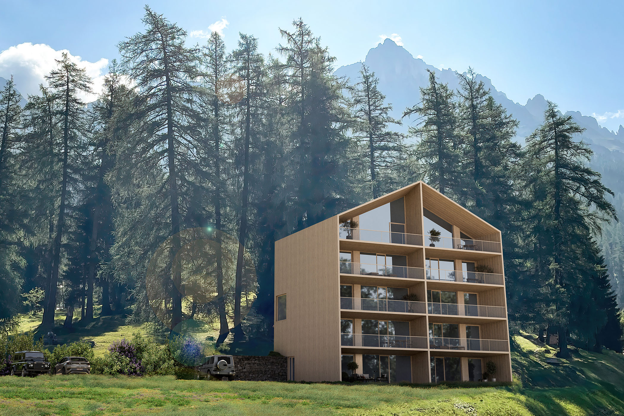 Maria Lodges von außen mit Tannen im Hintergrund